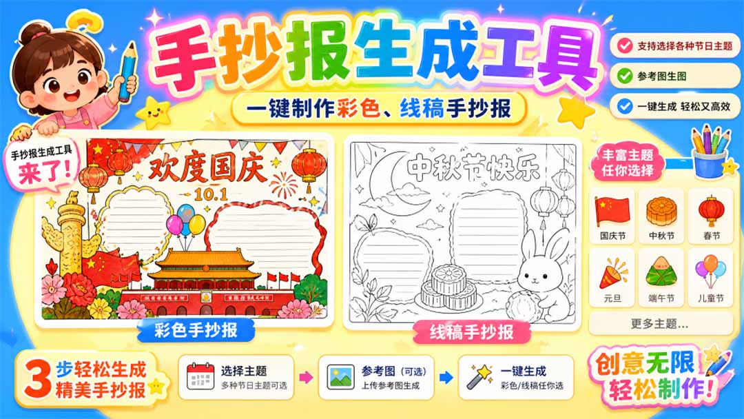 手抄报批量生成工具来了，完全免费，告别豆包生图，这个高清无水印网赚项目-副业赚钱-互联网创业-资源整合老八网赚资源