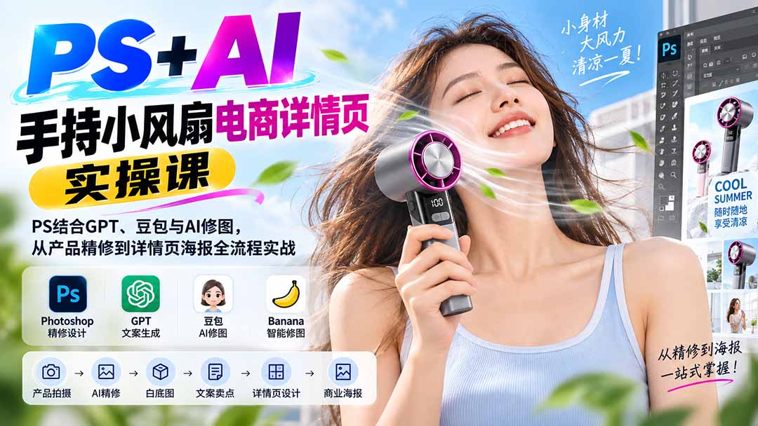 a0806ae8376febf00b13433514d6b971.jpeg PS+AI手持小风扇电商详情页实操课:PS结合GPT、豆包与AI修图,从产品精修到详情页海报全流程实战