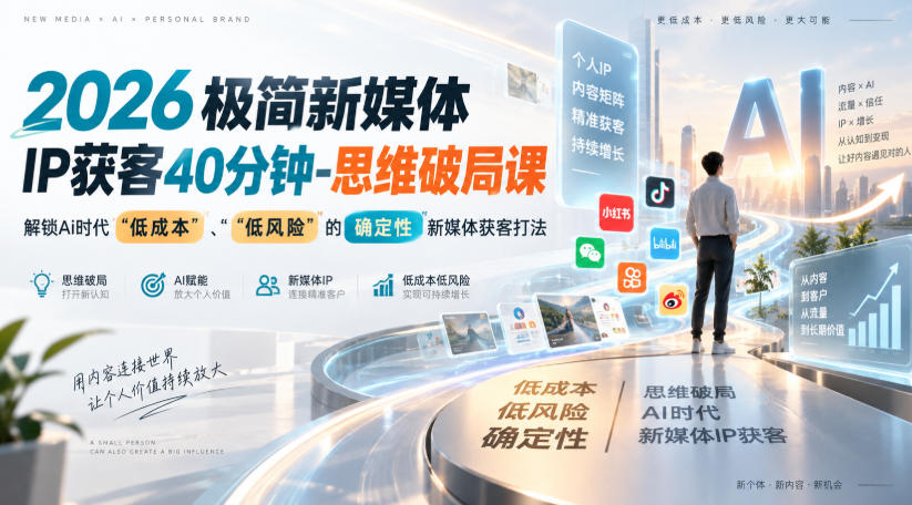 2026极简新媒体IP获客40分钟-思维破局课，解锁Ai时代“低成本”、“低风险”的确定性新媒体获客打法网赚项目-副业赚钱-互联网创业-资源整合老八网赚资源