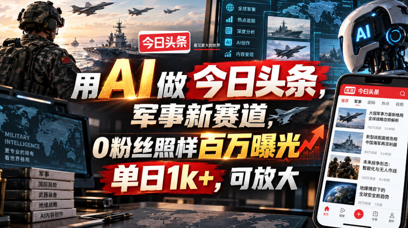 f028279fe424a3760a7e1d28869152c9.jpeg 用AI做今日头条,军事新赛道,0粉丝照样百万曝光,单日1k+,可放大