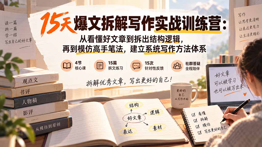 fb0e96a3bedb43ee2207a3fbc84d549f.jpeg 15天爆文拆解写作实战训练营:从看懂好文章到拆出结构逻辑,再到模仿高手笔法,建立系统写作方法体系
