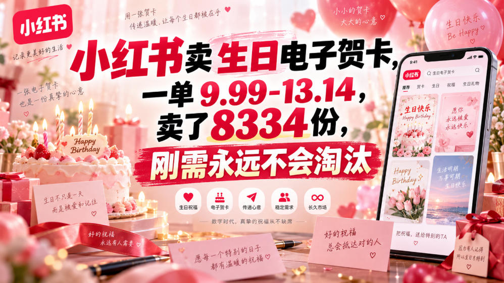 小红书卖生日电子贺卡，一单9.99-13.14，卖了8334份，刚需永远不会淘汰网赚项目-副业赚钱-互联网创业-资源整合老八网赚资源