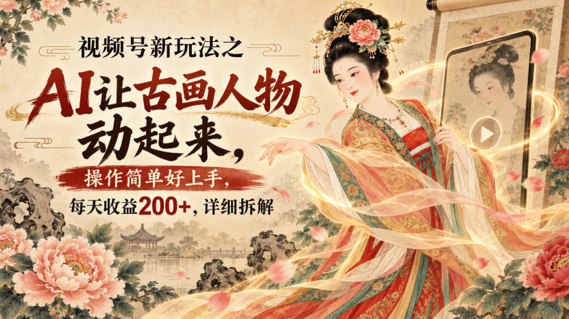 视频号新玩法之AI让古画人物动起来，操作简单好上手，每天收益200+，详细拆解网赚项目-副业赚钱-互联网创业-资源整合老八网赚资源