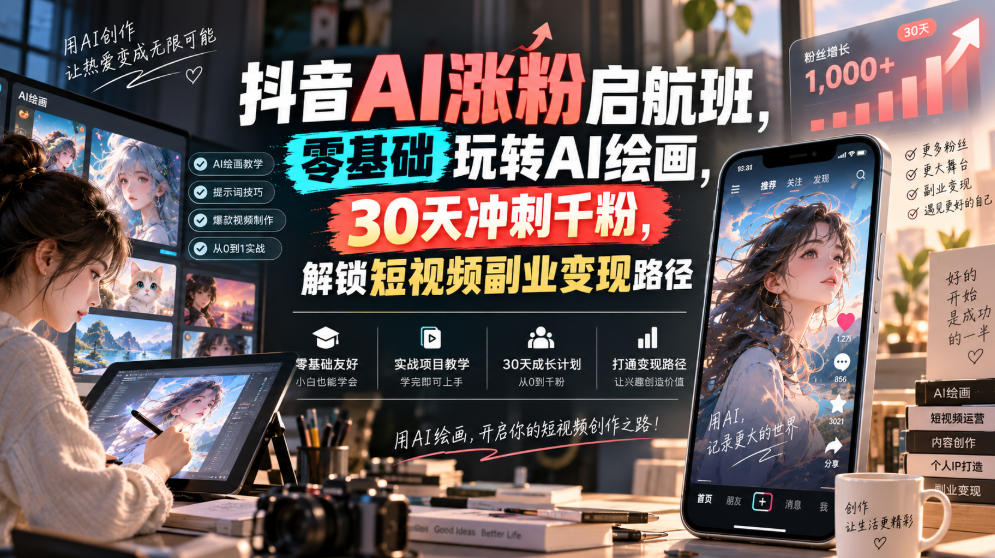 抖音AI涨粉启航班，零基础玩转AI绘画，30天冲刺千粉，解锁短视频副业变现路径网赚项目-副业赚钱-互联网创业-资源整合老八网赚资源