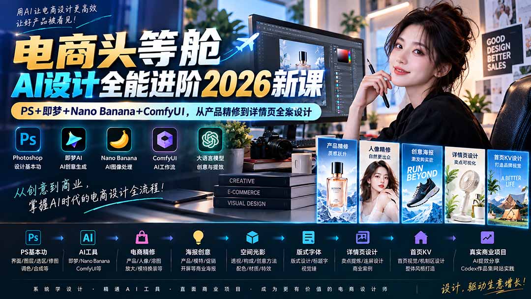 电商头等舱AI设计全能进阶2026新课：PS+即梦+Nano Banana+ComfyUI，从产品精修到详情页全案设计网赚项目-副业赚钱-互联网创业-资源整合老八网赚资源