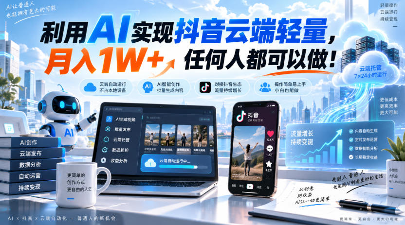 利用AI实现抖音云端轻量，月入1W+，任何人都可以做！【揭秘】网赚项目-副业赚钱-互联网创业-资源整合老八网赚资源