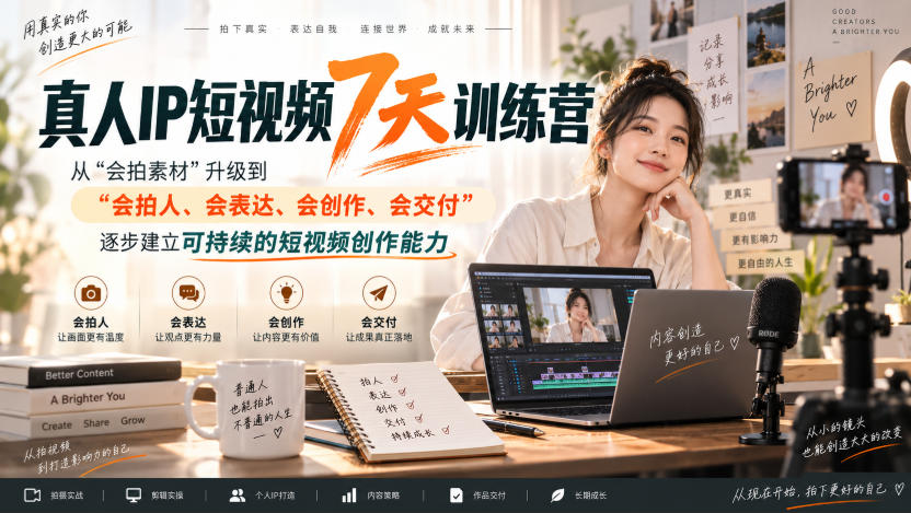 真人IP短视频7天训练营，从“会拍素材”升级到“会拍人、会表达、会创作、会交付”，逐步建立可持续的短视频创作能力网赚项目-副业赚钱-互联网创业-资源整合老八网赚资源