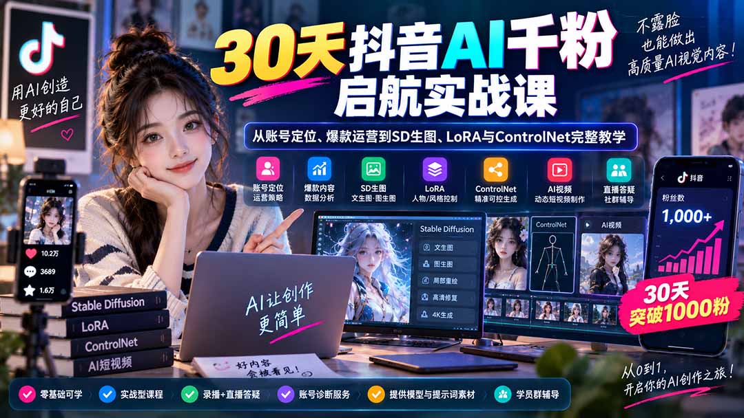 3c1010a69b4cb8c80366ec2633ff9b14.jpeg 30天抖音AI千粉启航实战课:从账号定位、爆款运营到SD生图、LoRA与ControlNet完整教学