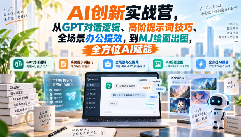 4d6a7945c9be5890315ea5ae19cc8bbc.jpeg AI创新实战营,从GPT对话逻辑、高阶提示词技巧、全场景办公提效,到MJ绘画出图,全方位AI赋能