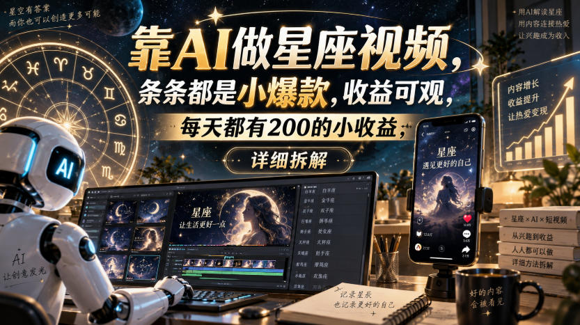 靠AI做星座视频，条条都是小爆款，收益可观，每天都有200的小收益，详细拆解网赚项目-副业赚钱-互联网创业-资源整合老八网赚资源