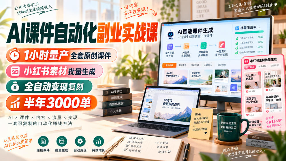 7db8f113c11473599c419234939f4cea.jpeg AI课件自动化副业实战课,1小时量产全套原创课件,小红书素材批量生成,全自动变现复刻,半年3000单