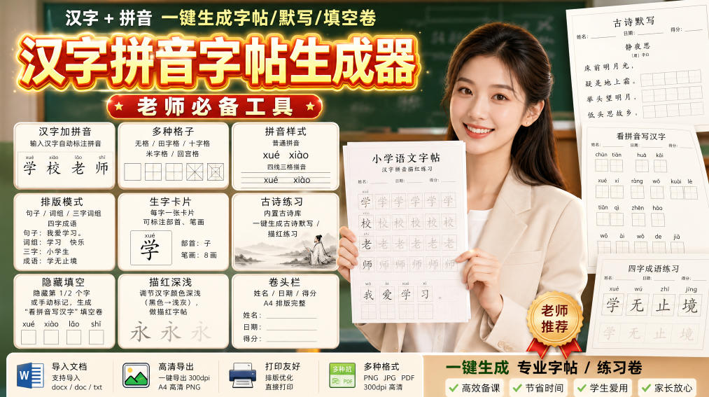 学习神器，汉字拼音字帖生成器，汉字+拼音 一键生成字帖/默写/填空卷，支持词组、成语，老师、家长必备网赚项目-副业赚钱-互联网创业-资源整合老八网赚资源