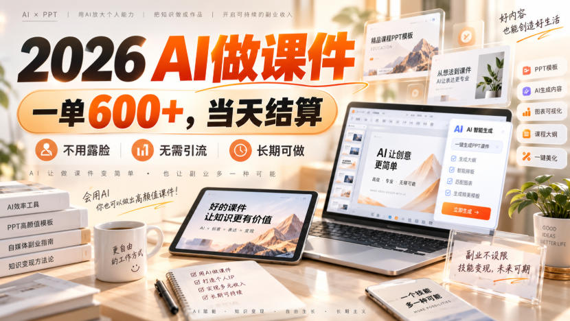 2026 AI做课件，一单600+，当天结算，不用露脸，无需引流，长期可做【揭秘】网赚项目-副业赚钱-互联网创业-资源整合老八网赚资源