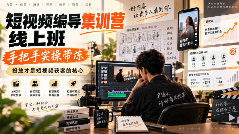 短视频编导集训营线上班，手把手实操带冻，投放才是短视频获客的核心网赚项目-副业赚钱-互联网创业-资源整合老八网赚资源