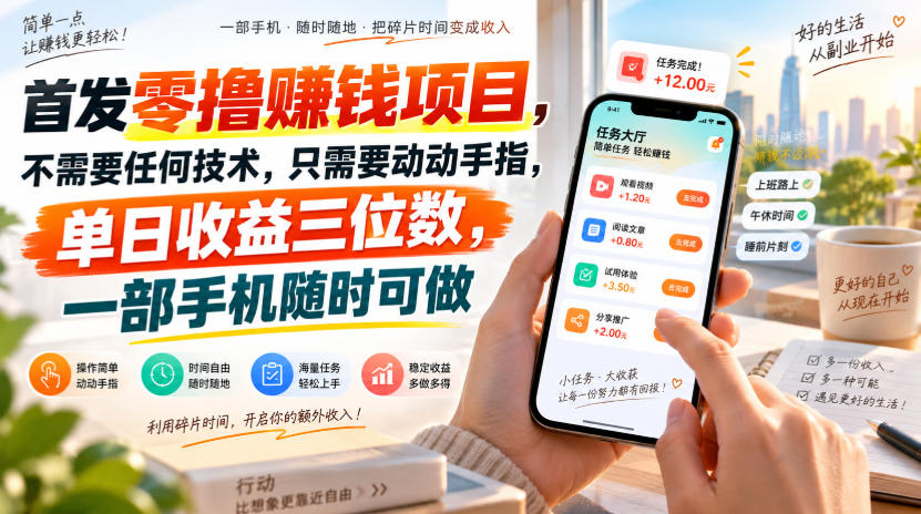 首发零撸賺钱项目，不需要任何技术，只需要动动手指，单日收益三位数，一部手机随时可做【揭秘】网赚项目-副业赚钱-互联网创业-资源整合老八网赚资源