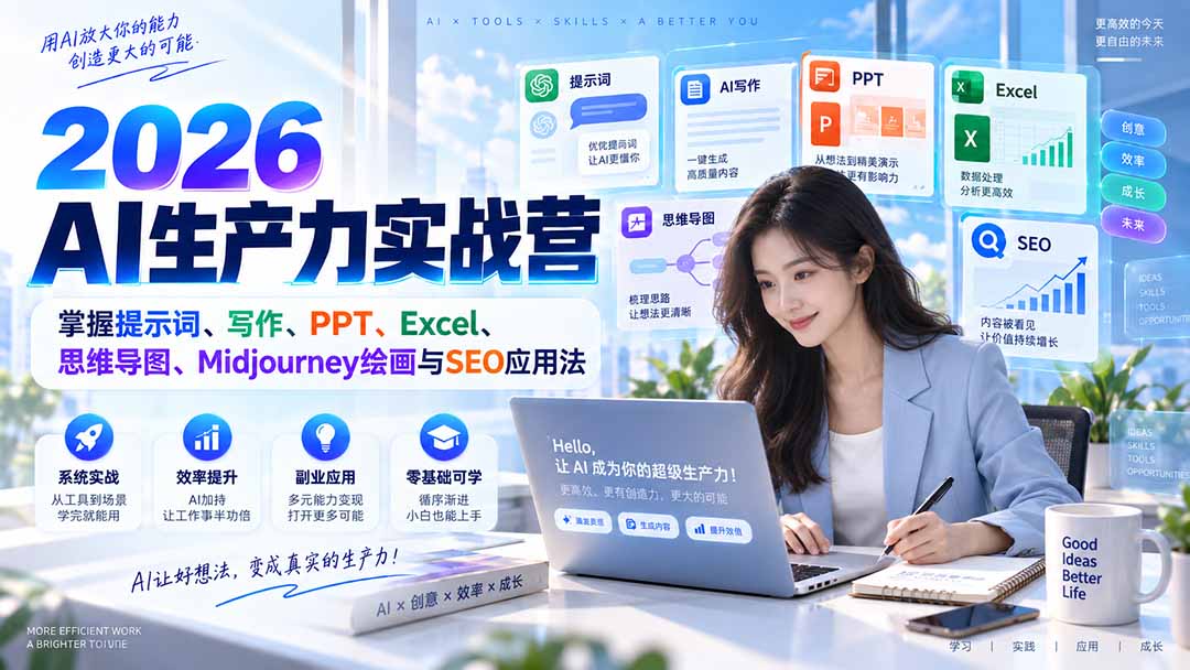 9eace177dba947fe2c2d118f3eb411b7.jpeg 2026AI生产力实战营:掌握提示词、写作、PPT、Excel、思维导图、Midjourney绘画与SEO应用法