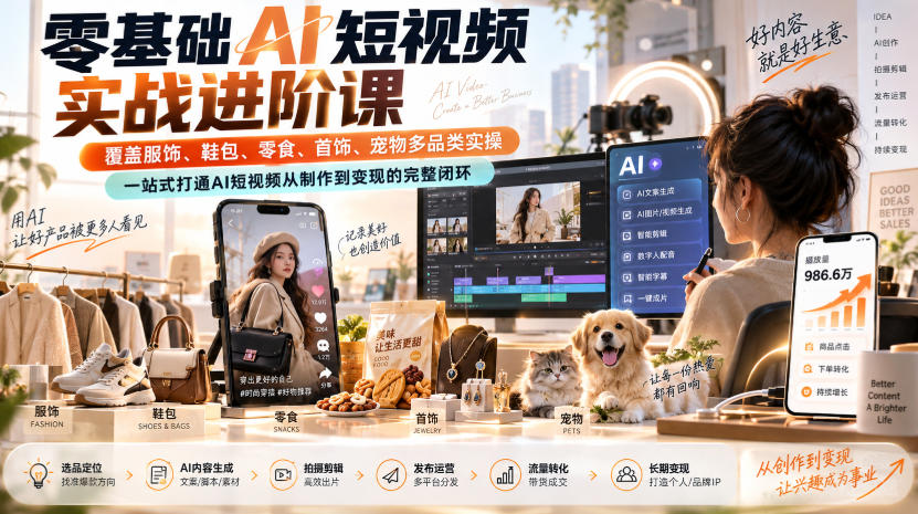 零基础AI短视频实战进阶课，覆盖服饰、鞋包、零食、首饰、宠物多品类实操，一站式打通AI短视频从制作到变现的完整闭环网赚项目-副业赚钱-互联网创业-资源整合老八网赚资源