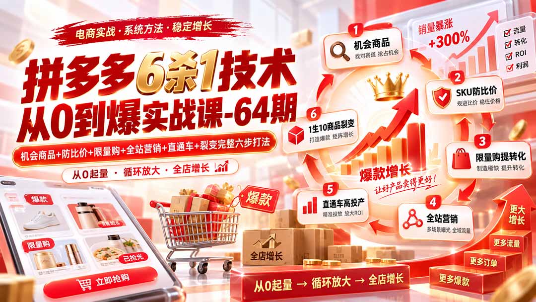 拼多多6杀1技术从0到爆实战课-64期：机会商品+防比价+限量购+全站营销+直通车+裂变完整六步打法网赚项目-副业赚钱-互联网创业-资源整合老八网赚资源
