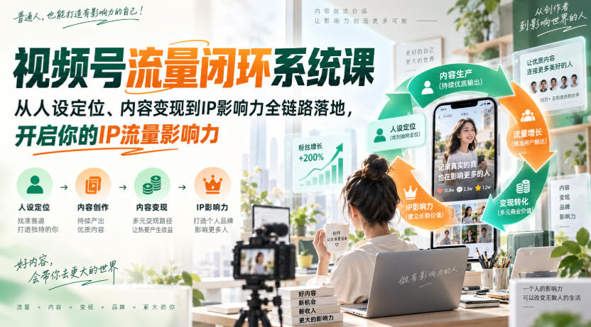 视频号流量闭环系统课，从人设定位、内容变现到IP影响力全链路落地，开启你的IP流量影响力网赚项目-副业赚钱-互联网创业-资源整合老八网赚资源
