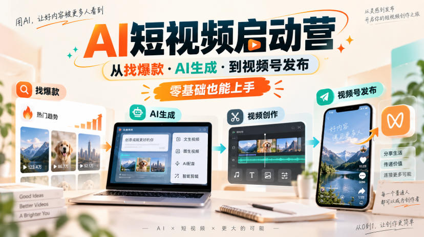 AI短视频启动营，从找爆款·AI生成·到视频号发布，零基础也能上手网赚项目-副业赚钱-互联网创业-资源整合老八网赚资源