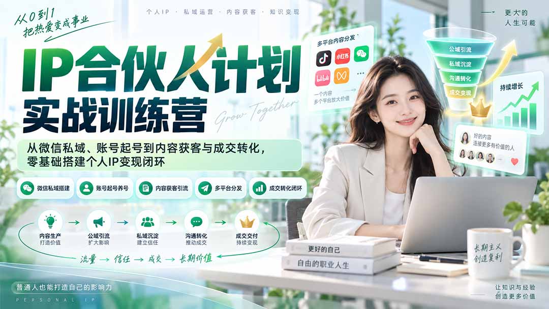 IP合伙人计划实战训练营-更新：从微信私域、账号起号到内容获客与成交转化，零基础搭建个人IP变现闭环网赚项目-副业赚钱-互联网创业-资源整合老八网赚资源