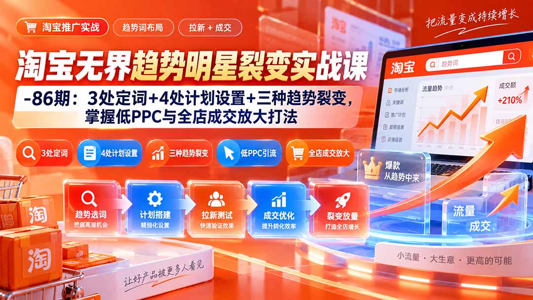 淘宝无界趋势明星裂变实战课-86期：3处定词+4处计划设置+三种趋势裂变，掌握低PPC与全店成交放大打法网赚项目-副业赚钱-互联网创业-资源整合老八网赚资源
