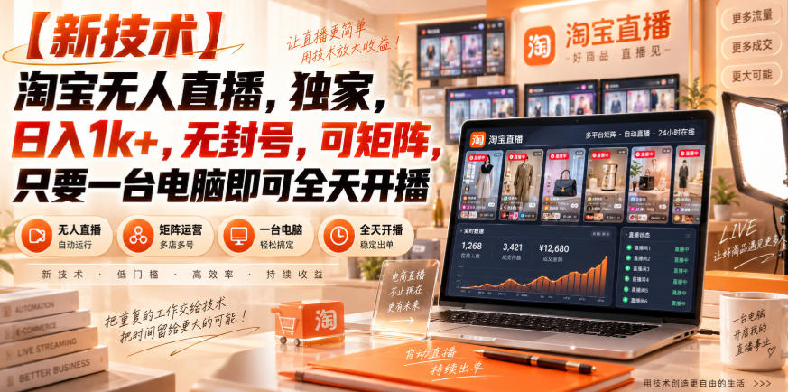 【独家新技术】淘宝无人直播，日入1k+，无封号，可矩阵，只要一台电脑即可全天开播【揭秘】网赚项目-副业赚钱-互联网创业-资源整合老八网赚资源