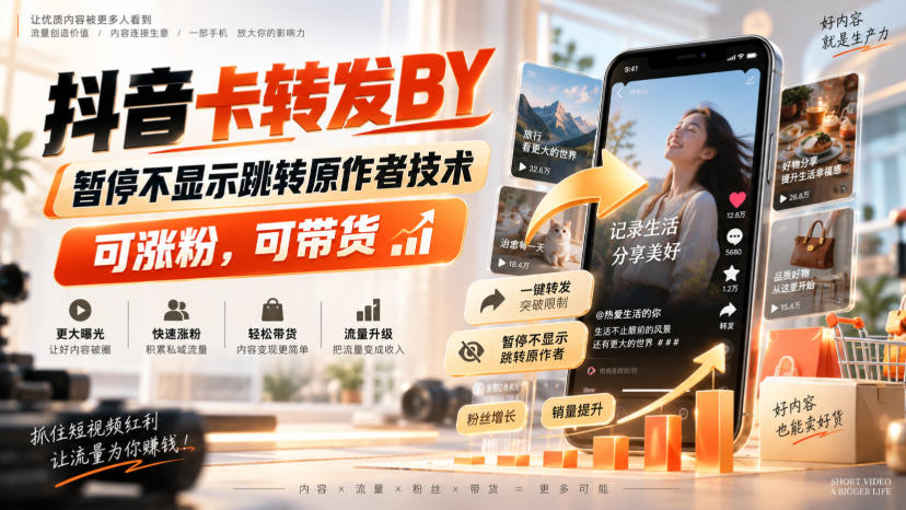 抖音卡转发搬运，暂停不显示跳转原作者技术，可涨粉，可带货网赚项目-副业赚钱-互联网创业-资源整合老八网赚资源