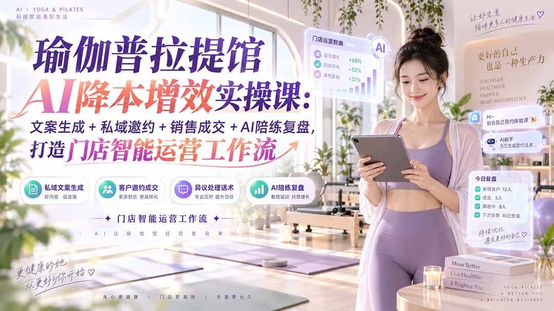 瑜伽普拉提馆AI降本增效实操课：文案生成+私域邀约+销售成交+AI陪练复盘，打造门店智能运营工作流网赚项目-副业赚钱-互联网创业-资源整合老八网赚资源