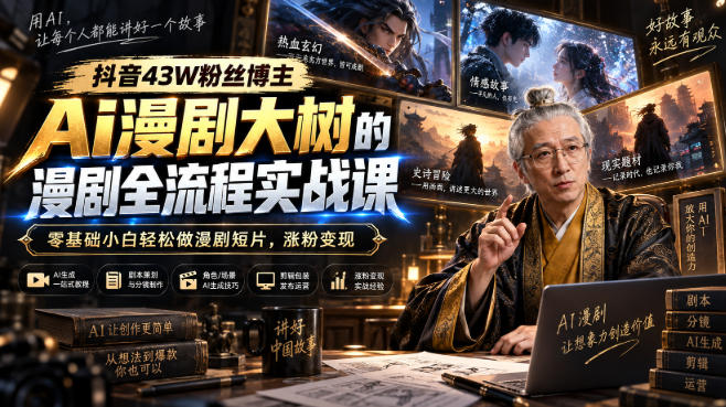 74d1de8d0f2d1fa8443afbe136f8bd73.jpeg 抖音43W粉丝博主Ai漫剧大树的漫剧制作全流程实战课,零基础小白轻松做漫剧短片,涨粉变现