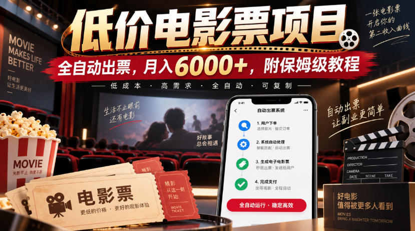 低价电影票项目，全自动出票，月入6000+，附保姆级教程【揭秘】网赚项目-副业赚钱-互联网创业-资源整合老八网赚资源