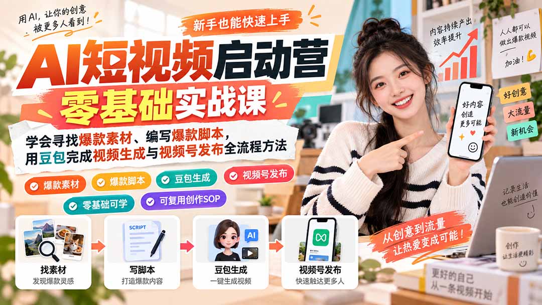 7faa109cfd4bd6f9b1444239a671c603.jpeg AI短视频启动营零基础实战课:学会寻找爆款素材、编写爆款脚本,用豆包完成视频生成与视频号发布全流程方法