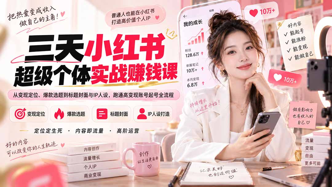 8559424f7c0cadebffdaf3994ff003d9.jpeg 三天小红书超级个体实战赚钱课:从变现定位、爆款选题到标题封面与IP人设,跑通高变现账号起号全流程