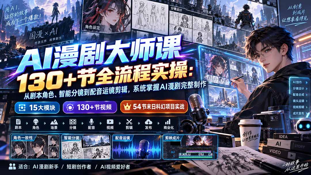 9aa87d168fa2c902d298f6f3d29cb8ad.jpeg AI漫剧大师课130+节全流程实操:从剧本角色、智能分镜到配音运镜剪辑,系统掌握AI漫剧完整制作