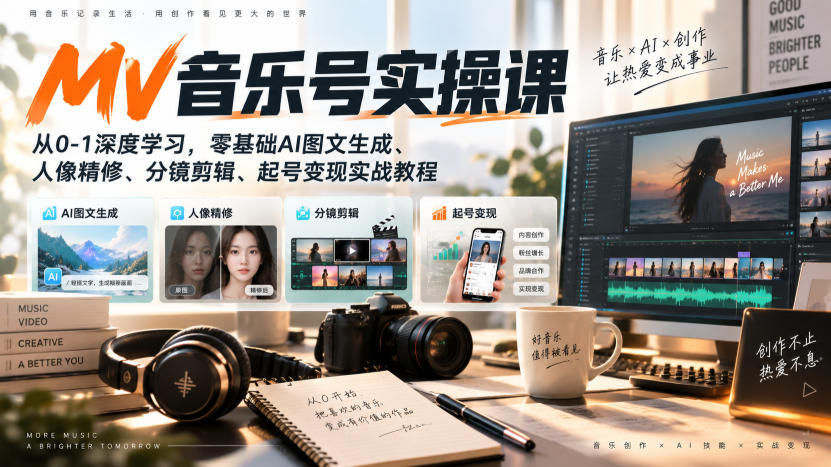 AI MV音乐号实操课，从0-1深度学习，零基础AI图文生成、人像精修、分镜剪辑、起号变现实战教程网赚项目-副业赚钱-互联网创业-资源整合老八网赚资源