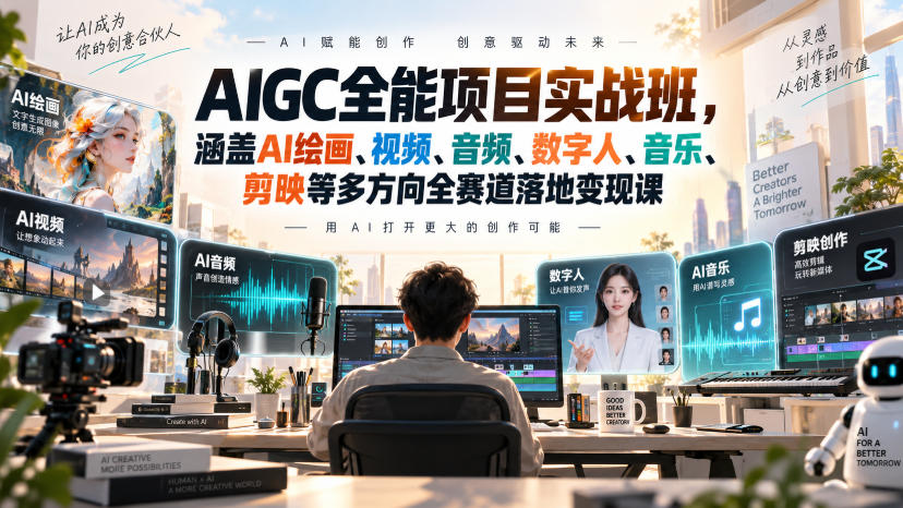 AIGC全能项目实战班，涵盖AI绘画、视频、音频、数字人、音乐、剪映等多方向全赛道落地变现课网赚项目-副业赚钱-互联网创业-资源整合老八网赚资源