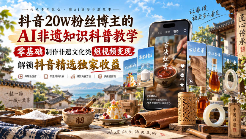 抖音20W粉丝博主的AI非遗知识科普教学，零基础制作非遗文化类短视频变现，解锁抖音精选独家收益网赚项目-副业赚钱-互联网创业-资源整合老八网赚资源