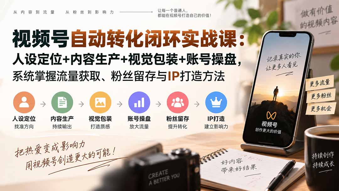 c427c7617c411226474565ce378954e0.jpeg 视频号自动转化闭环实战课:人设定位+内容生产+视觉包装+账号操盘,系统掌握流量获取、粉丝留存与IP打造方法