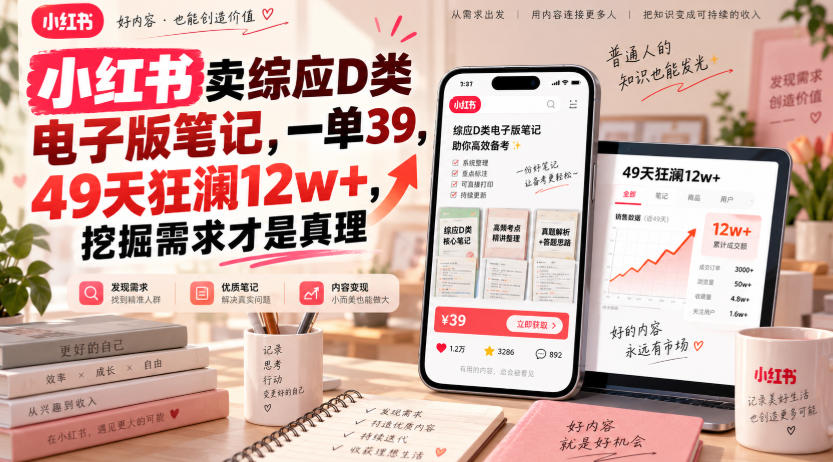 小红书卖综应D类电子版笔记，一单39，49天狂澜12w+，挖掘需求才是真理网赚项目-副业赚钱-互联网创业-资源整合老八网赚资源