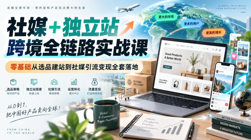 社媒+独立站跨境全链路实战课｜零基础从选品建站到社媒引流变现全套落地网赚项目-副业赚钱-互联网创业-资源整合老八网赚资源