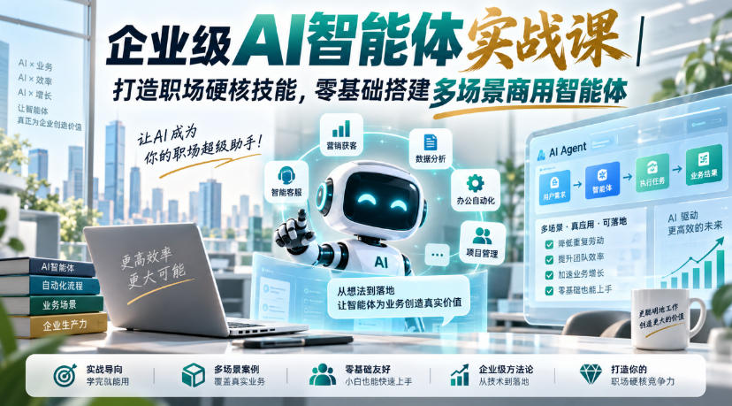 0c544aa652576fa678b5f83385ada035.jpeg 企业级AI智能体实战课|打造职场硬核技能,零基础搭建多场景商用智能体