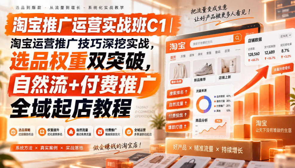 淘宝推广运营实战班C1｜淘宝运营推广技巧深挖实战，选品权重双突破，自然流+付费推广全域起店教程网赚项目-副业赚钱-互联网创业-资源整合老八网赚资源