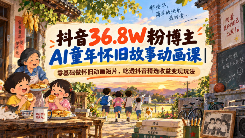 抖音36.8W粉博主AI童年怀旧故事动画课｜零基础做怀旧动画短片，吃透抖音精选收益变现玩法网赚项目-副业赚钱-互联网创业-资源整合老八网赚资源
