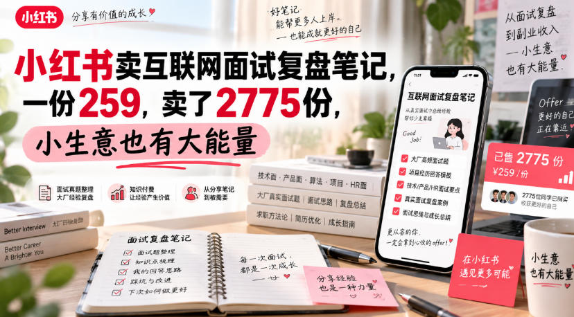 c6a5530fa7939a9622e9c634fbac1eec.jpeg 小红书卖互联网面试复盘笔记,一份259,卖了2775份,小生意也有大能量