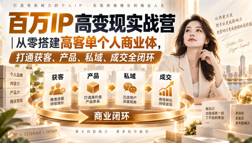 百万IP高变现实战营｜从零搭建高客单个人商业体，打通获客、产品、私域、成交全闭环​网赚项目-副业赚钱-互联网创业-资源整合老八网赚资源