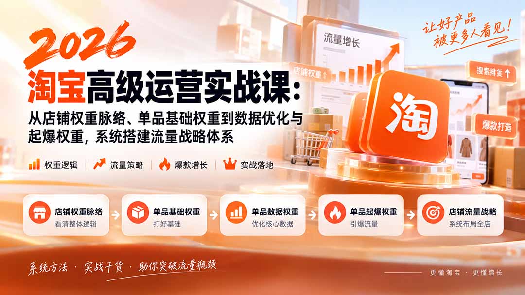 2026淘宝高级运营实战课：从店铺权重脉络、单品基础权重到数据优化与起爆权重，系统搭建流量战略体系网赚项目-副业赚钱-互联网创业-资源整合老八网赚资源