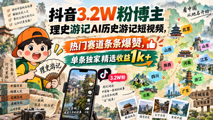 1af1c640102d71ab4912082761076d4a.jpeg 抖音3.2W粉博主理史游记AI历史游记短视频教学,热门赛道条条爆赞,单条独家精选收益1k+