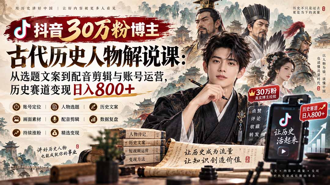 抖音30万粉博主古代历史人物解说课：从选题文案到配音剪辑与账号运营，历史赛道变现日入800+网赚项目-副业赚钱-互联网创业-资源整合老八网赚资源