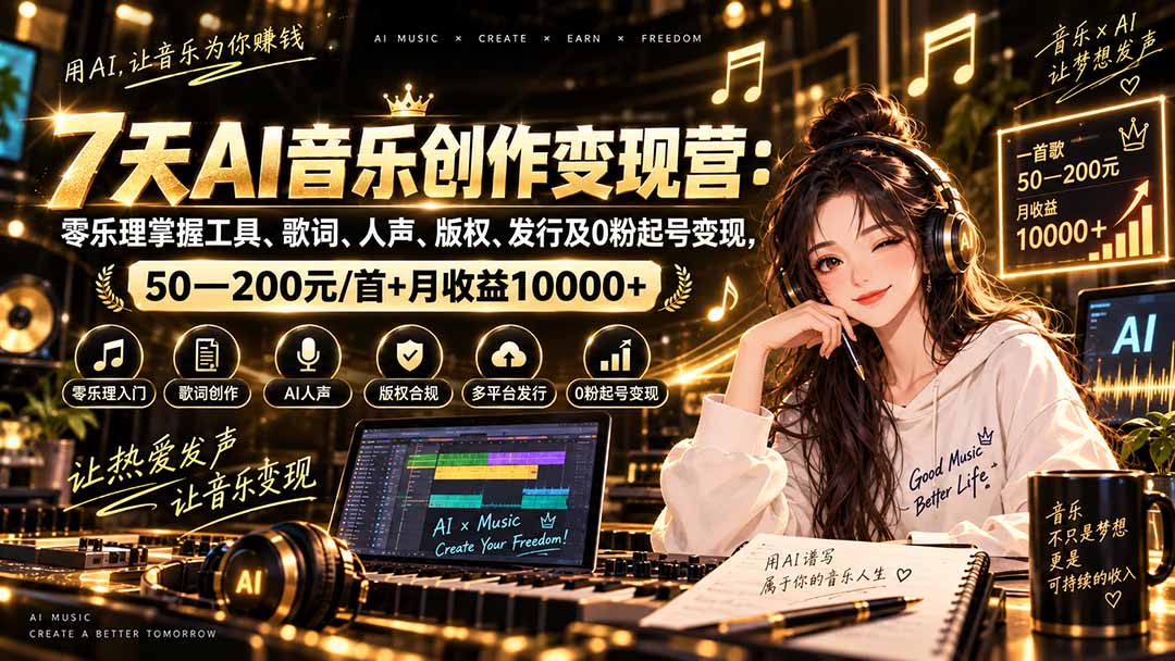 d3d11cd472550fa7e8f2d259aea23a33.jpeg AI音乐创作变现营:零乐理掌握工具、歌词、人声、版权、发行及0粉起号变现,50—200元/首+月收益10000+