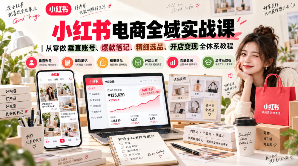 小红书电商全域实战课｜从零做垂直账号、爆款笔记、精细选品、开店变现全体系教程网赚项目-副业赚钱-互联网创业-资源整合老八网赚资源